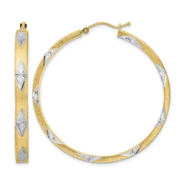 Pair of gold hoop earrings with textured finish and diamond-shaped white metal inlay details, shown from front and side views.