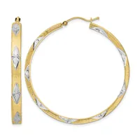 Pair of gold hoop earrings with textured finish and diamond-shaped white metal inlay details, shown from front and side views.