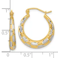 Two-tone gold hoop earrings with textured white gold rectangular sections alternating around the curved surface, shown front and side view with a measurement scale.