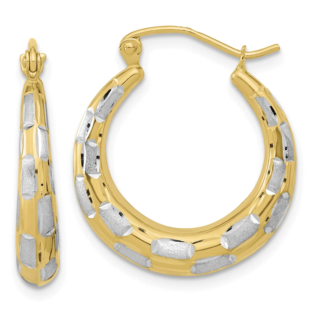 Pair of two-tone gold hoop earrings with textured white and yellow gold sections alternating around the curved surface, shown from front and side angles.
