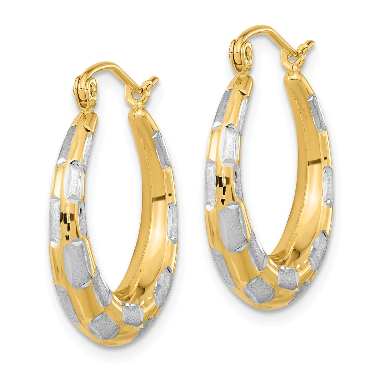 Pair of two-tone gold hoop earrings with alternating yellow and white gold textured segments, featuring hinged closures.