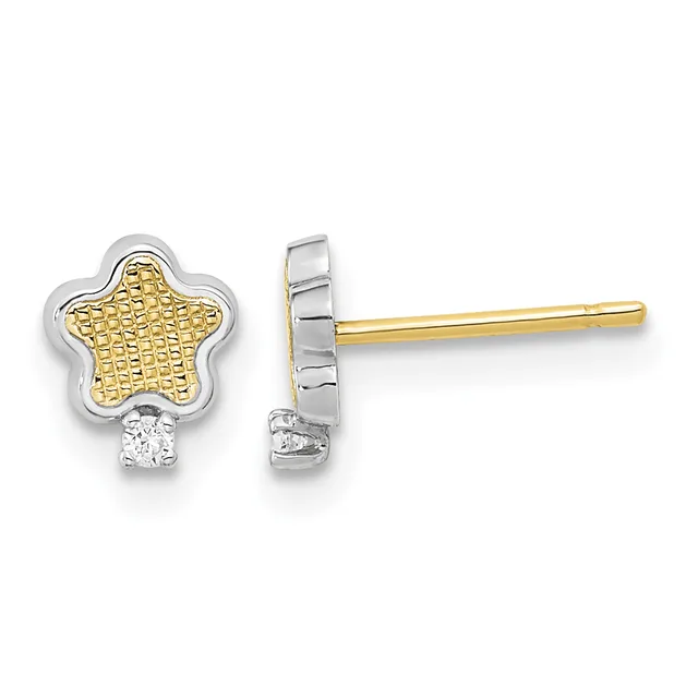 A pair of two-tone star-shaped stud earrings with textured gold centers, silver outer petals, and small round diamonds at the base, shown from front and side views on gold posts.