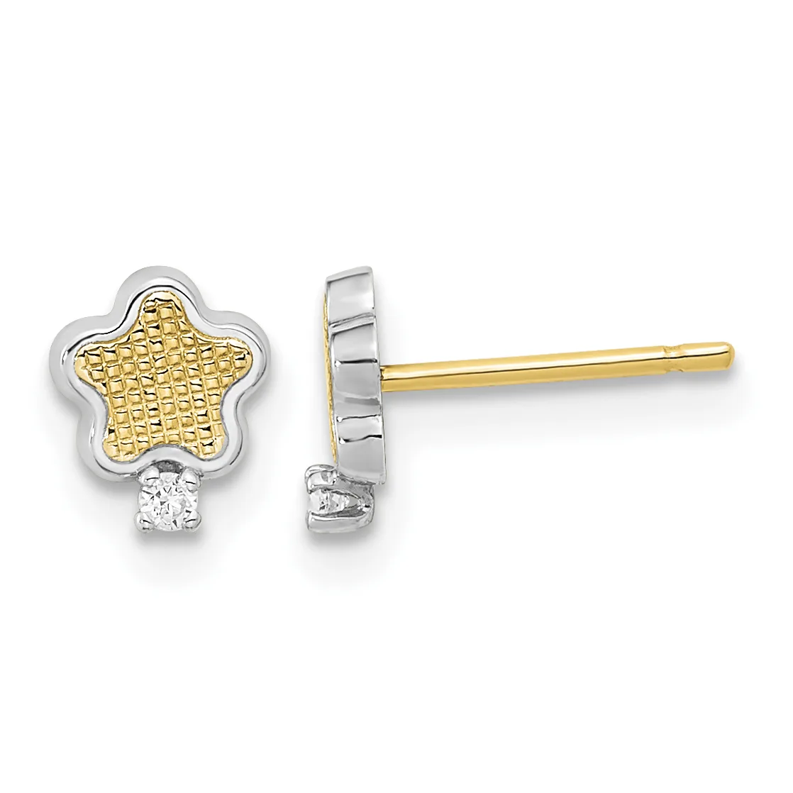 A pair of two-tone star-shaped stud earrings with textured gold centers, silver outer petals, and small round diamonds at the base, shown from front and side views on gold posts.