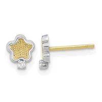 A pair of two-tone star-shaped stud earrings with textured gold centers, silver outer petals, and small round diamonds at the base, shown from front and side views on gold posts.