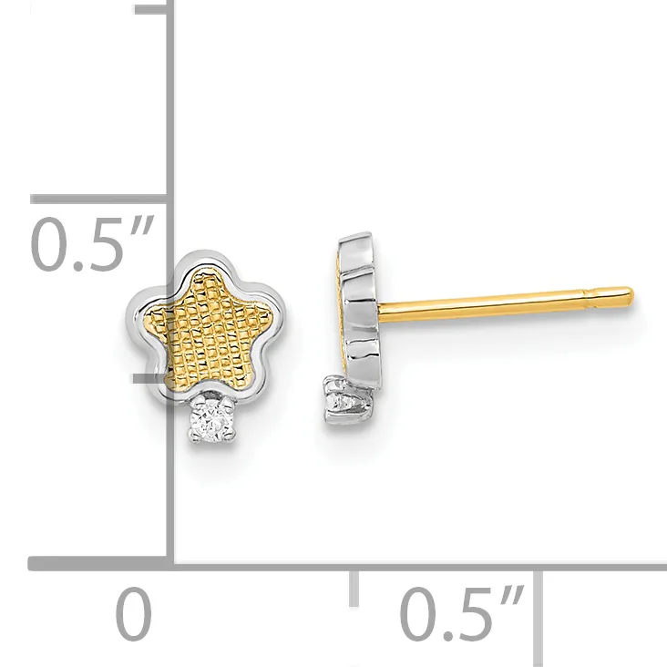 Two-tone star-shaped stud earrings with textured gold star and diamond accent, shown front and side view with measurement scale.