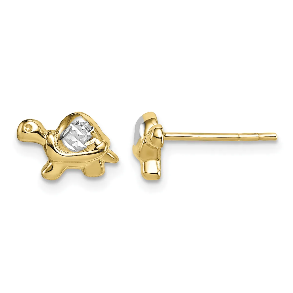 A pair of gold turtle-shaped stud earrings with diamond accents, shown from front and side views.
