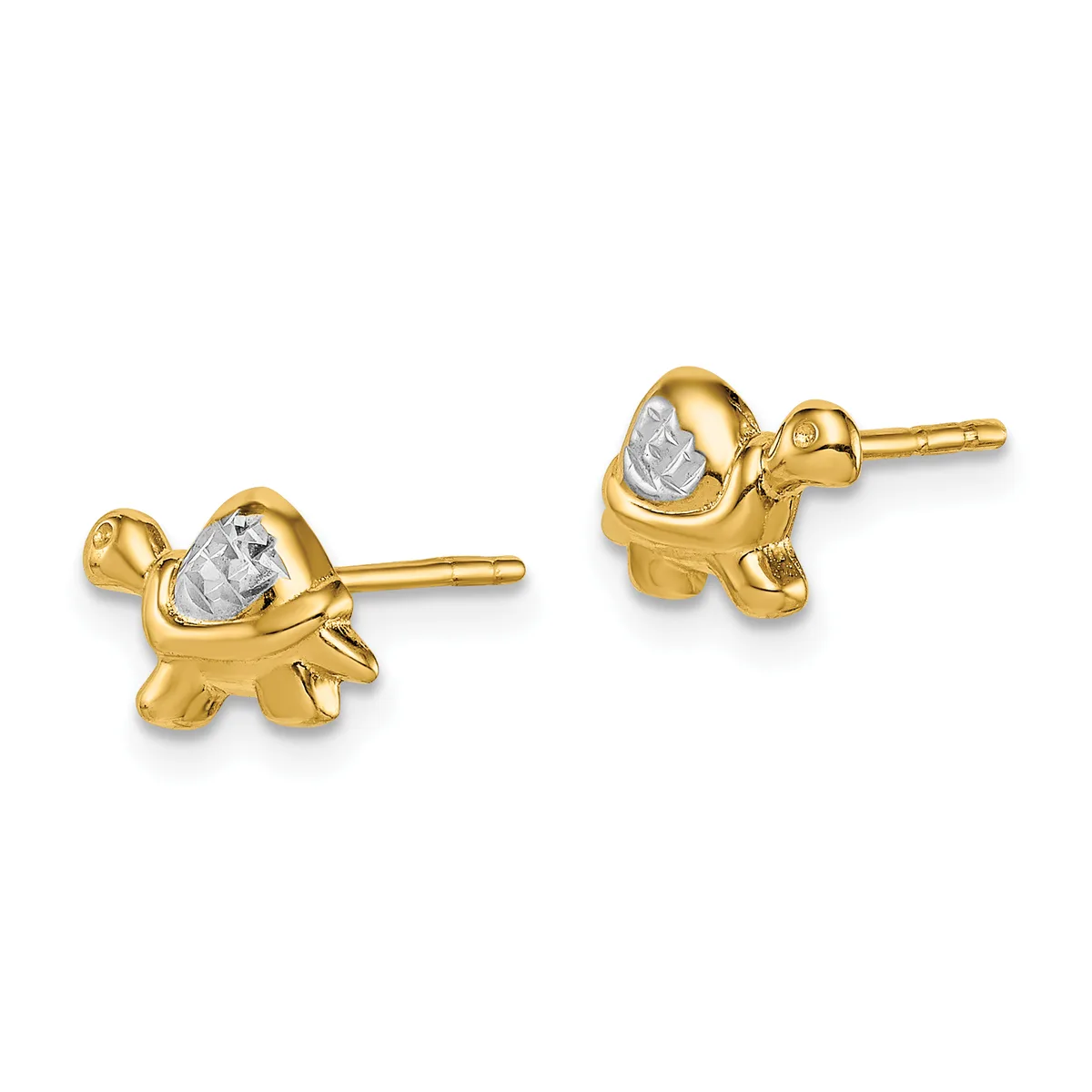 Pair of gold elephant stud earrings with rhodium-plated shell-shaped backs, displayed against a white background.