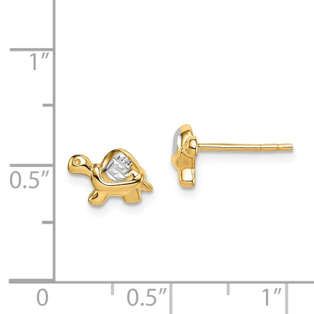 Gold-toned turtle stud earrings with cubic zirconia stones displayed next to a measurement ruler showing approximately half-inch height.