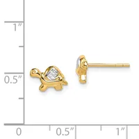 Gold-toned turtle stud earrings with cubic zirconia stones displayed next to a measurement ruler showing approximately half-inch height.