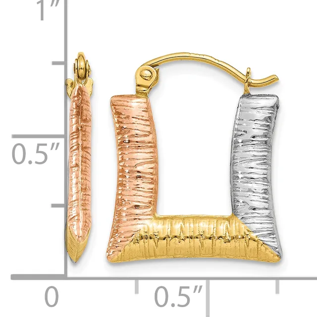 Tri-color rectangular hoop earrings with textured surfaces in rose, white, and yellow gold, shown next to a measurement scale indicating approximately one inch in length.