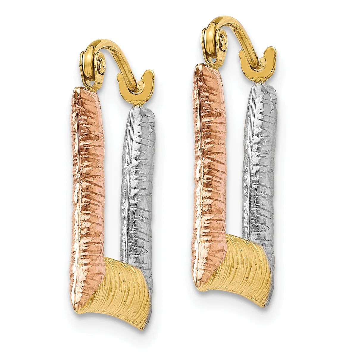 Pair of gold and silver textured hoop earrings with curved snake-like tops and ribbed cylindrical drops, shown from front and back views.