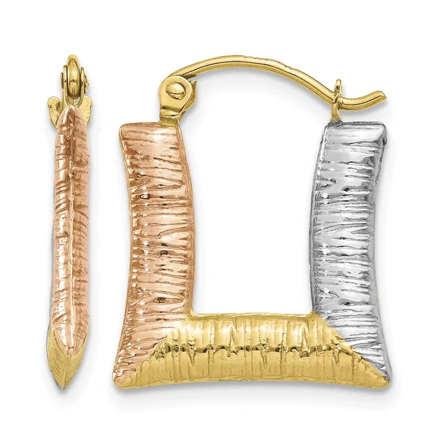 A pair of textured gold hoop earrings with rose gold and silver striped rectangular drops, displayed alongside a matching rose gold pendant on a gold chain.