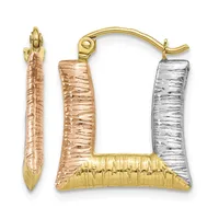 A pair of textured gold hoop earrings with rose gold and silver striped rectangular drops, displayed alongside a matching rose gold pendant on a gold chain.