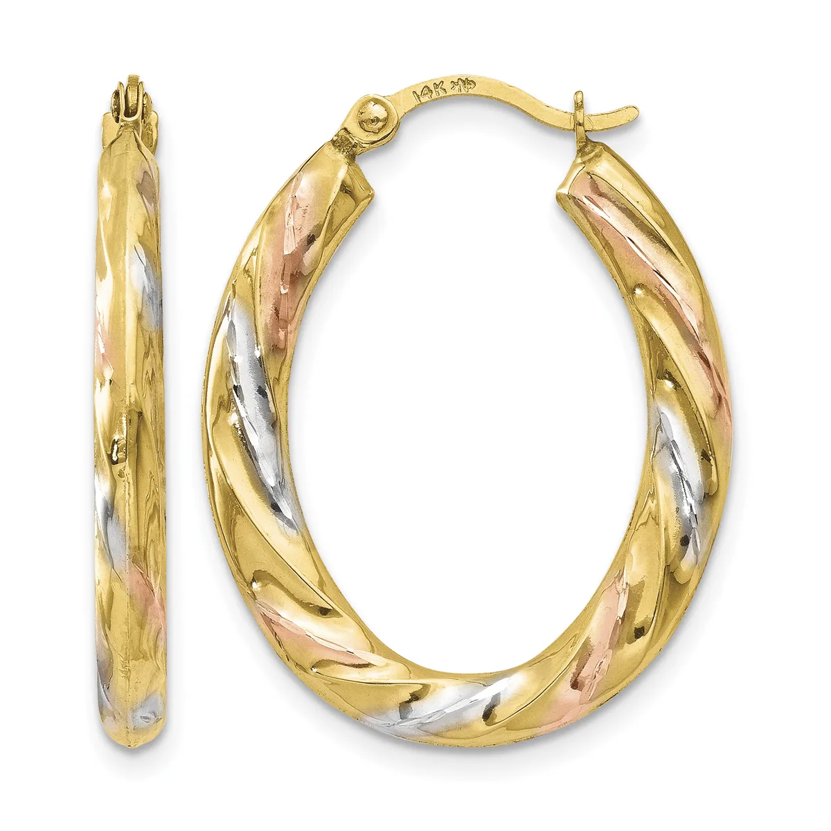 Pair of tricolor gold hoop earrings with twisted design and hinged posts, shown front and side view.