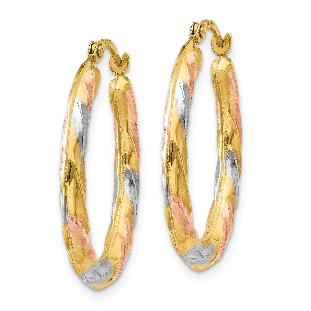 A pair of tricolor gold hoop earrings with twisted striped pattern in yellow, white, and rose gold, shown against a white background.