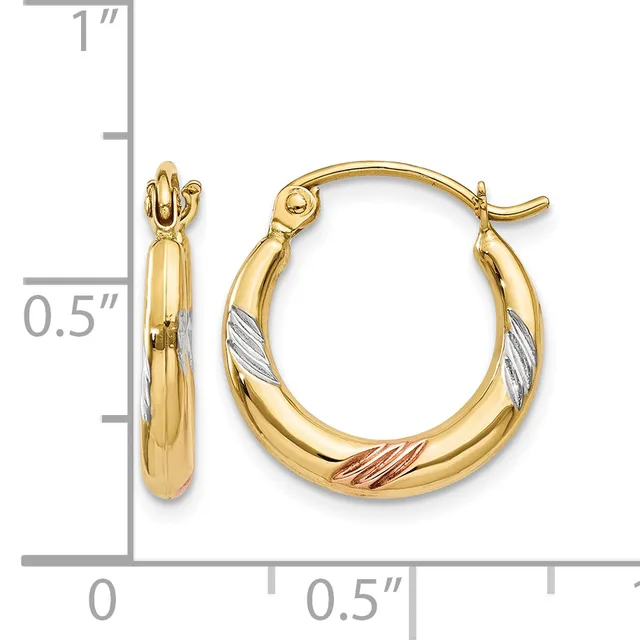 Two gold hoop earrings with textured diagonal stripe details in white and rose gold, shown next to a measurement scale indicating approximately 0.5 inches in diameter.