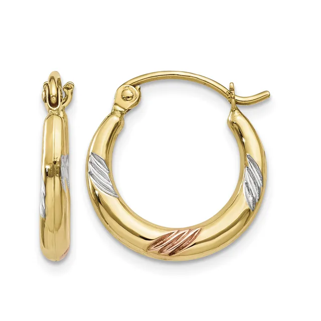 A pair of gold hoop earrings with twisted and textured surface details in white and rose gold, shown from front and side views with hinged closures.