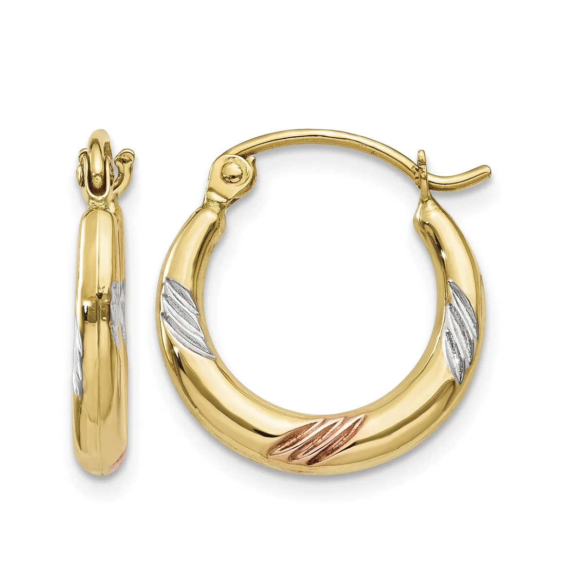 A pair of gold hoop earrings with twisted and textured surface details in white and rose gold, shown from front and side views with hinged closures.