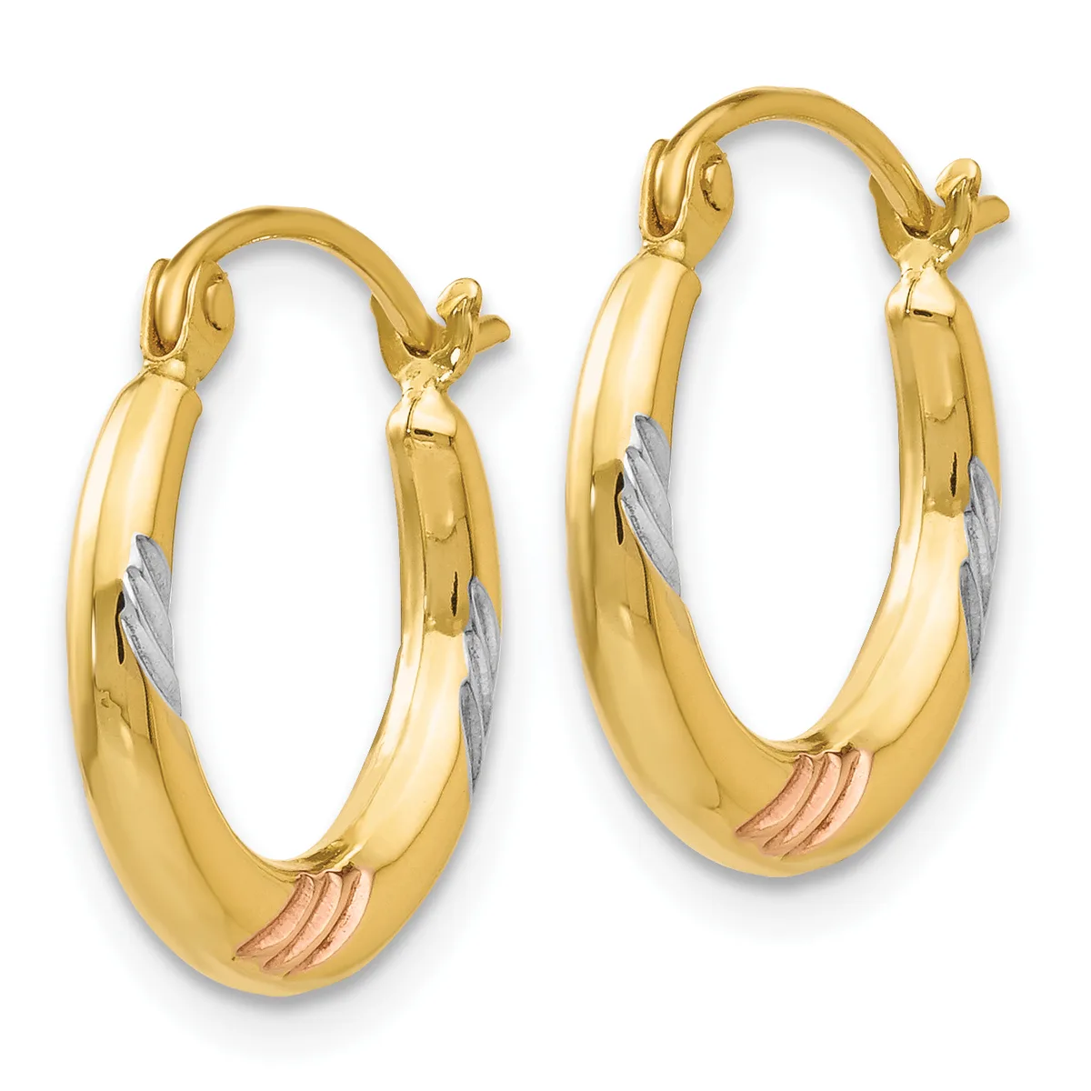 A pair of gold hoop earrings with two-tone striping in white and rose gold accents, shown from the front against a white background.