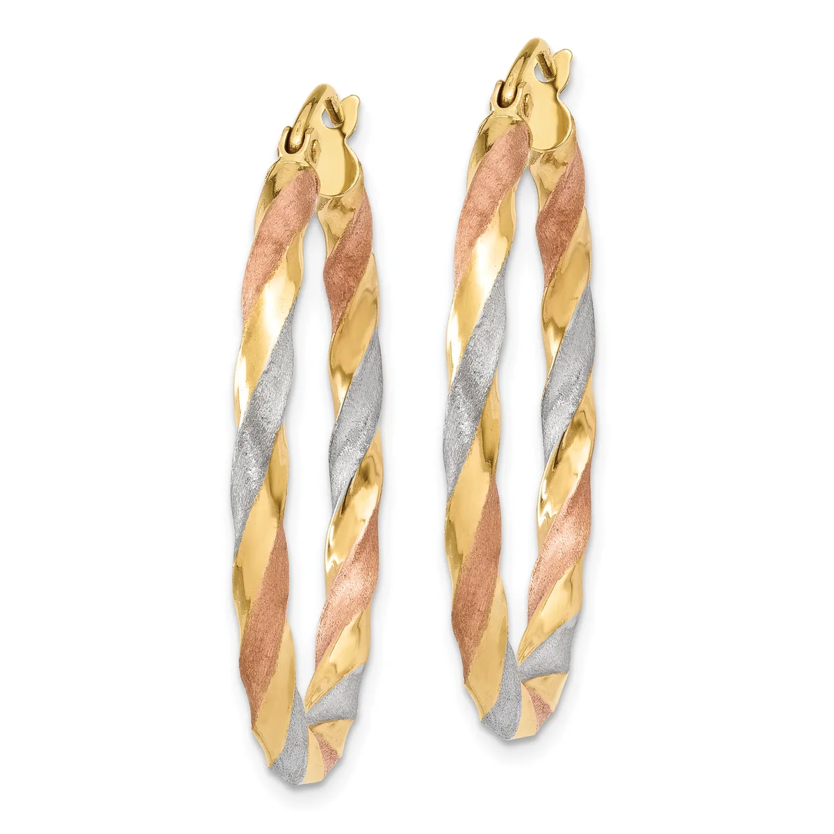 A pair of tri-color twisted hoop earrings in yellow, rose, and white gold with textured surfaces and hinged closures.