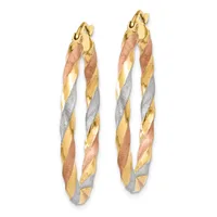 A pair of tri-color twisted hoop earrings in yellow, rose, and white gold with textured surfaces and hinged closures.