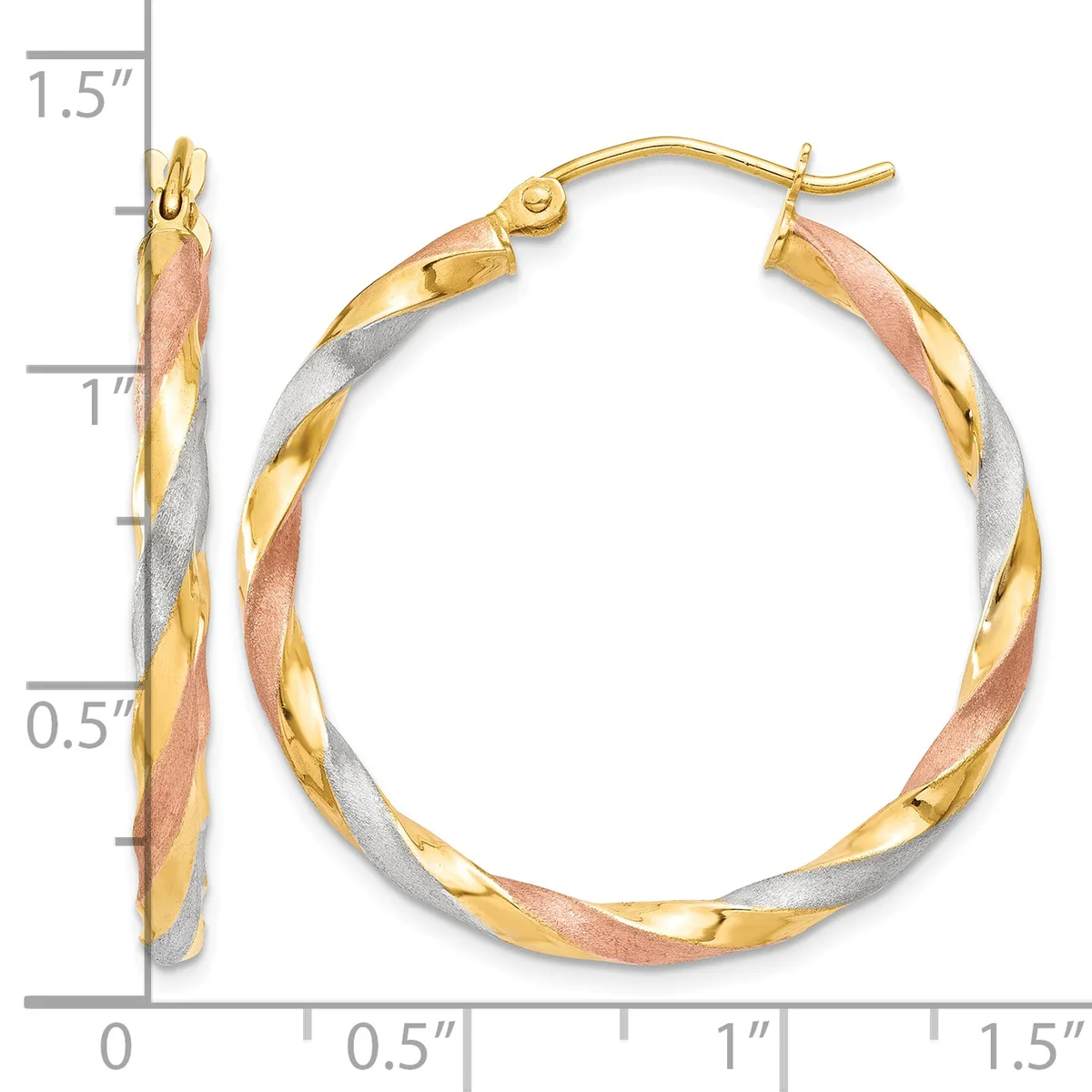Tricolor twisted hoop earrings in yellow, white, and rose gold with a ruler showing approximately 1.25 inches in diameter.