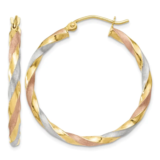 Pair of tricolor gold twisted hoop earrings with yellow, white, and rose gold sections, shown from front and side views with post and clutch closures.