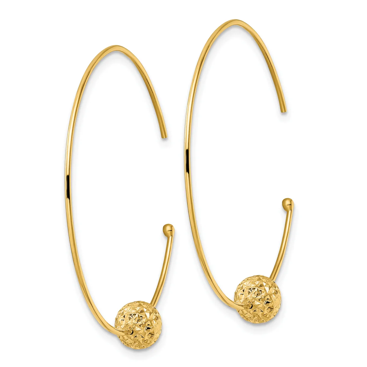 A pair of gold-toned hoop earrings with textured spherical charms hanging from curved wire hooks.