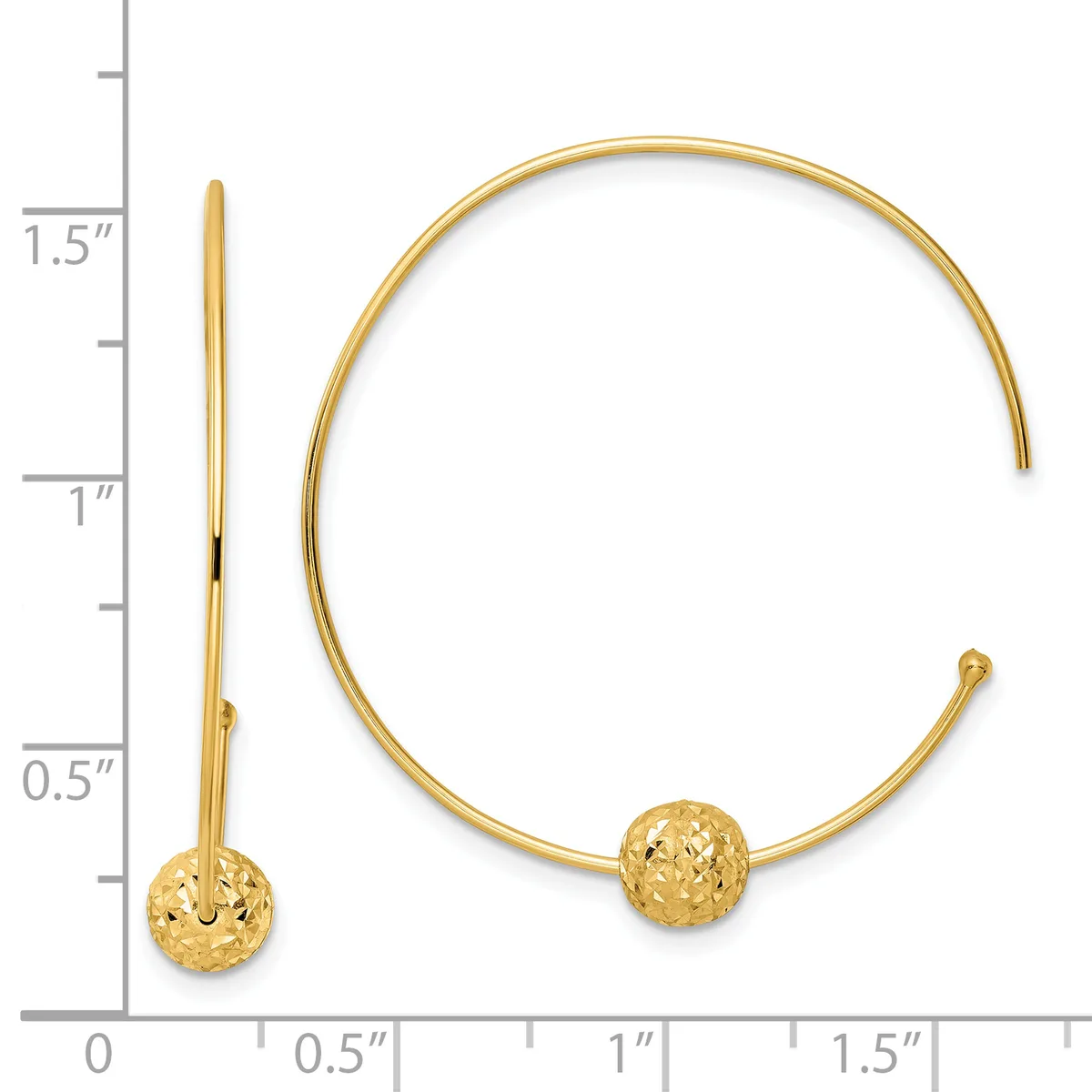 Gold-colored cuff bracelet with textured spherical ends, shown open with a measurement scale indicating approximately 1.5 inches in length.