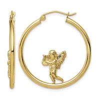 Pair of gold hoop earrings with a cherub angel charm suspended inside the hollow circular band, shown from front and side views.