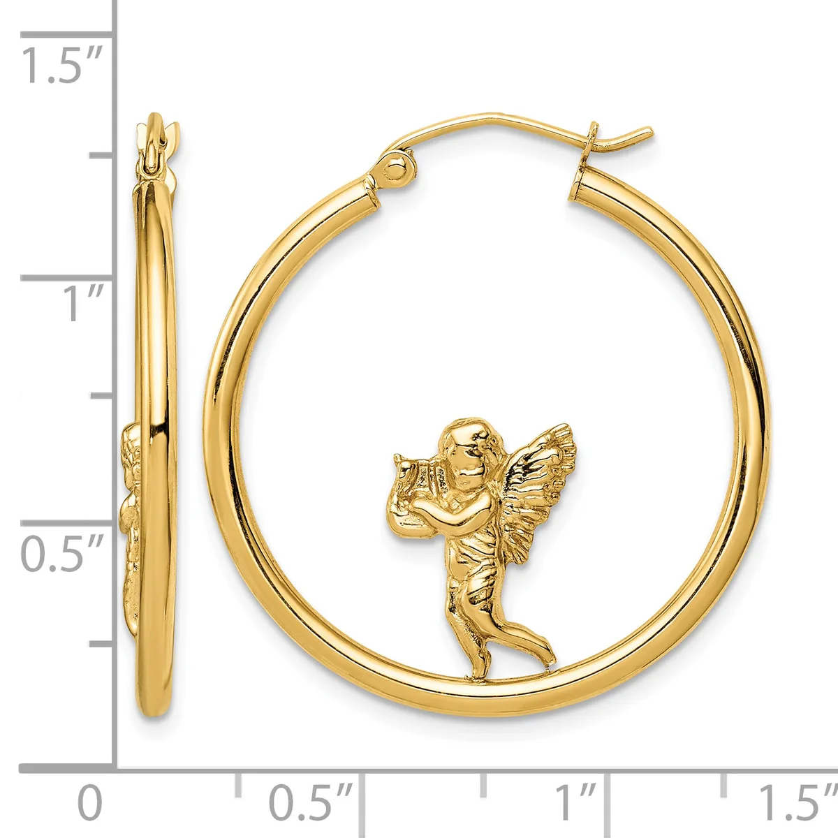 Gold hoop earrings with cherub charms suspended inside, shown from front and side views with a measurement scale.