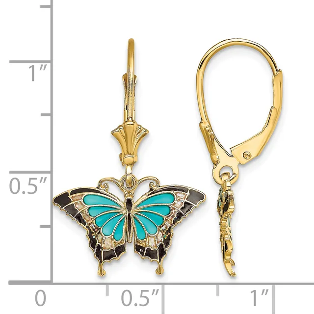 Pair of gold-tone butterfly dangle earrings with turquoise enamel wings and black enamel details, shown against a ruler for scale.