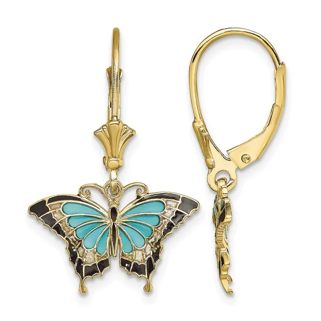 Pair of gold leverback earrings featuring turquoise and black enamel butterfly charms with decorative filigree detailing.