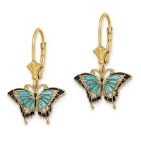 A pair of gold lever-back earrings featuring turquoise and black enamel butterfly charms with detailed wing patterns.