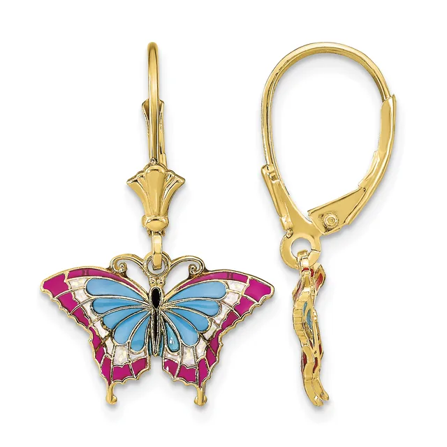 A pair of gold lever-back earrings featuring enameled butterfly charms with blue centers, pink outer wings, and white accents between the sections.