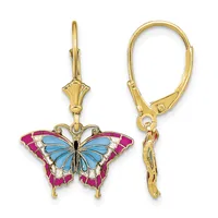 A pair of gold lever-back earrings featuring enameled butterfly charms with blue centers, pink outer wings, and white accents between the sections.