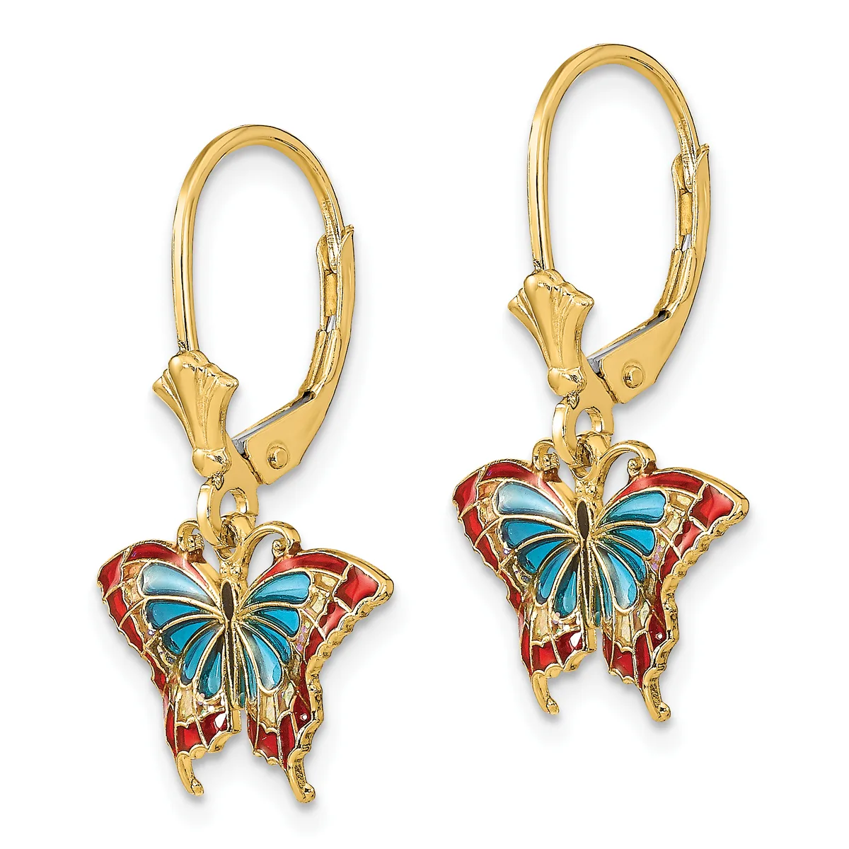 Pair of gold-tone lever-back earrings with red and blue enamel butterfly charms featuring blue wings and red outer sections with small gold bead accents.