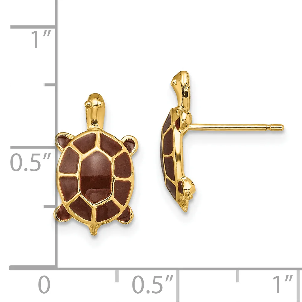 Gold-colored turtle stud earrings with brown enamel shells, shown from front and side views next to a measurement ruler indicating approximately 0.5 inches in height.