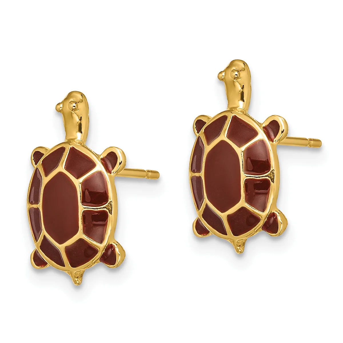 Pair of gold turtle-shaped stud earrings with dark red enamel shells and small post backs, shown from the front.