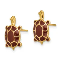 Pair of gold turtle-shaped stud earrings with dark red enamel shells and small post backs, shown from the front.