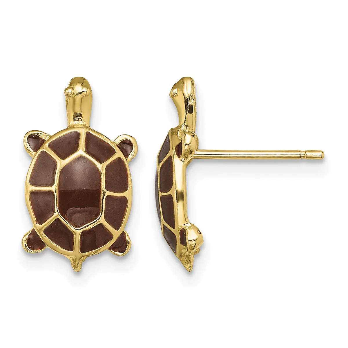 Gold-toned turtle stud earrings with brown enamel shells, shown from front and side views.