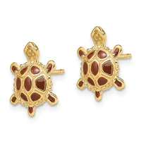 Pair of gold turtle stud earrings with red enamel shell patterns and matching posts, shown from the front.