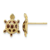 Gold turtle stud earrings with red enamel shell details, shown from front and side views.