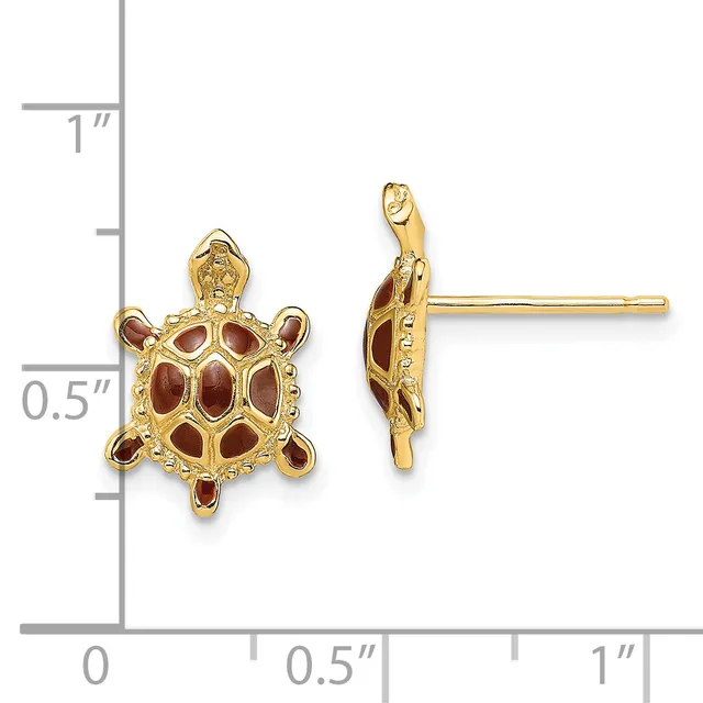 Gold-toned turtle stud earrings with red enamel shells, shown front and side view next to a measurement ruler.