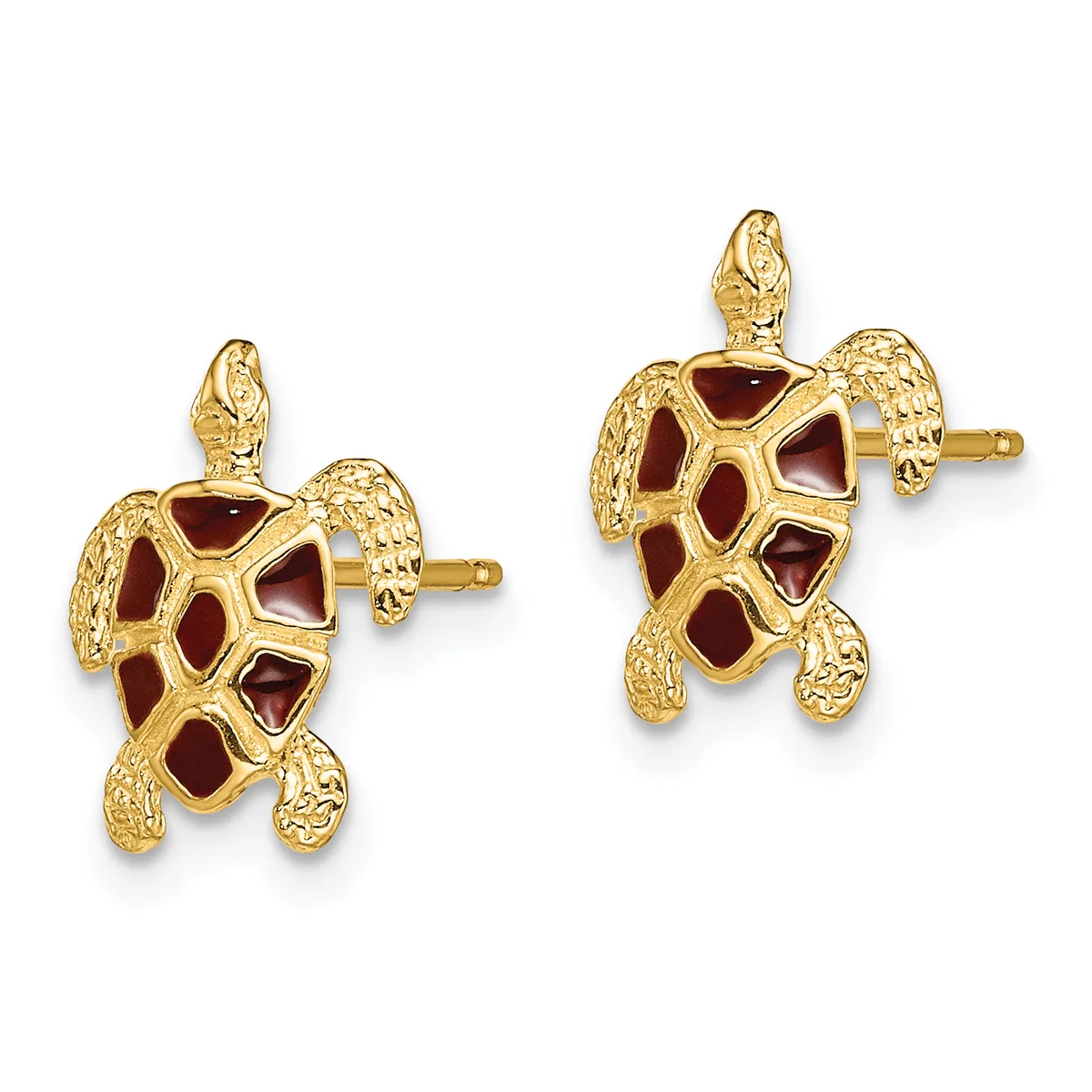 A pair of gold turtle stud earrings with red enamel shell patterns and textured fins, shown from the front.