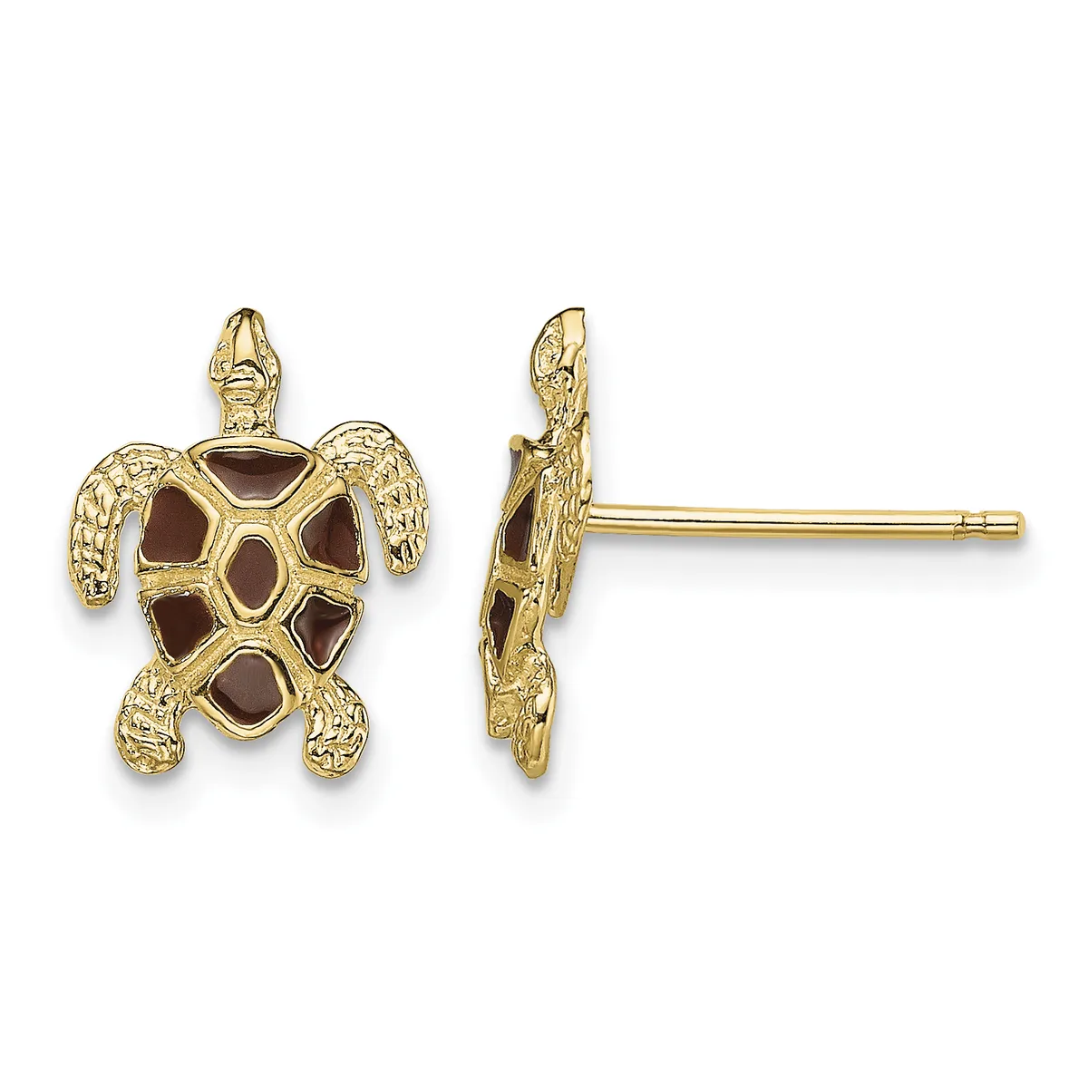 Pair of gold-toned sea turtle stud earrings with brown enameled shells, shown from front and side views.