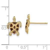 Gold turtle stud earrings with brown enamel shells shown from front and side view next to a measurement ruler.