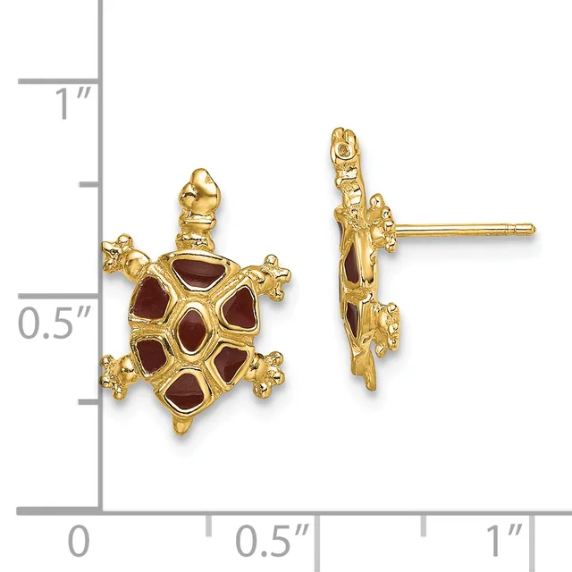 Gold turtle stud earrings with deep red enamel shells, shown from front and side views next to a measurement scale.