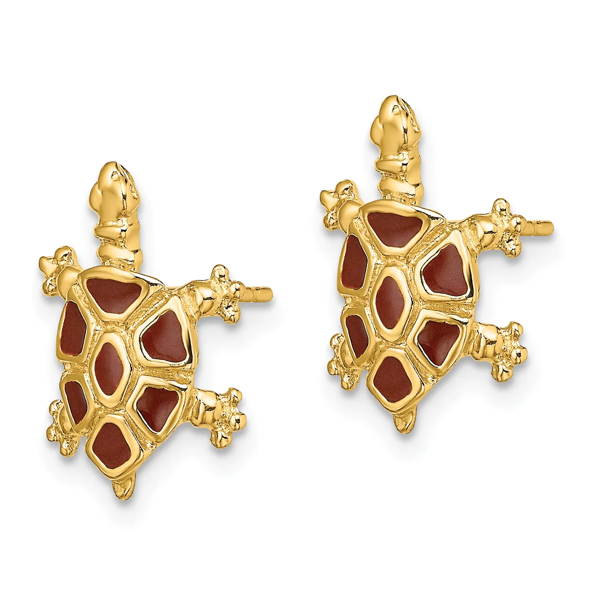 A pair of gold turtle-shaped earrings with reddish-brown inlaid stone shells and small granulated details on their heads and limbs.