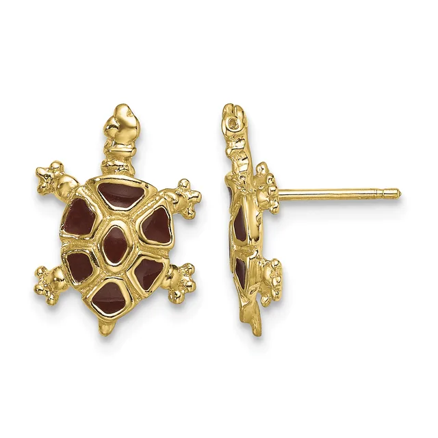 Gold turtle stud earrings with red garnet inlay shown from front and side views against a white background.